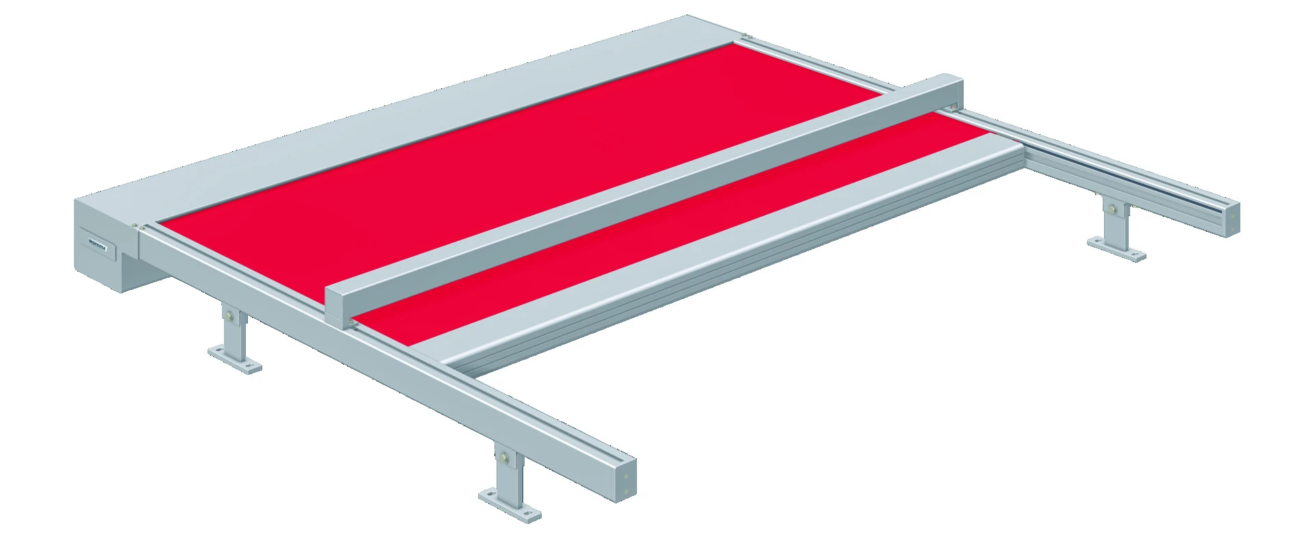 Illustration einer modernen Markise mit rotem Stoff und silbernem Rahmen
